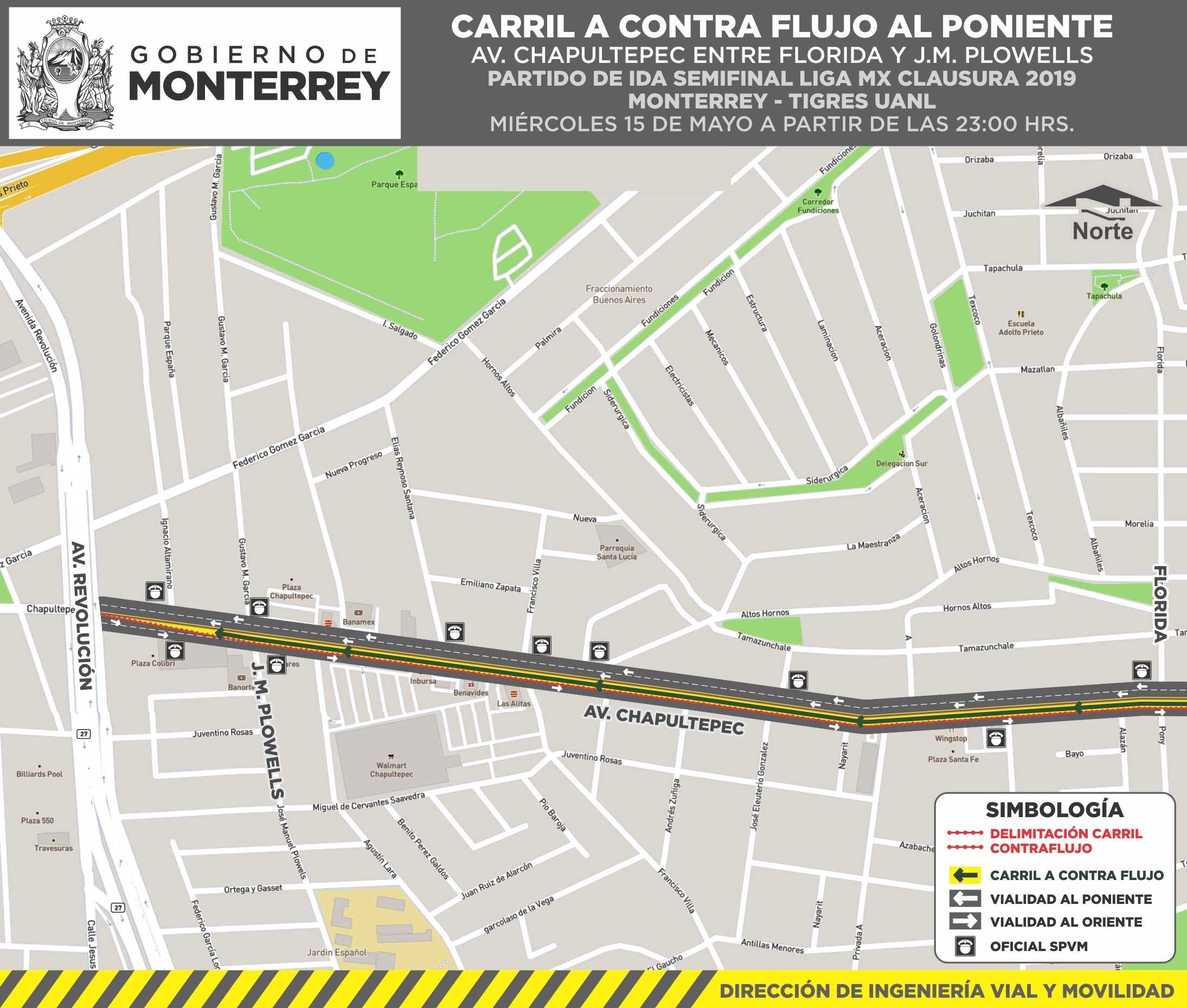 Por Clásico Regio, habilitarán contraflujo en Av. Chapultepec