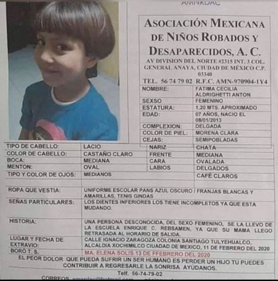 Ofrece fiscalía recompensa de 2mdp a quien informe sobre la mujer que se llevó a Fátima