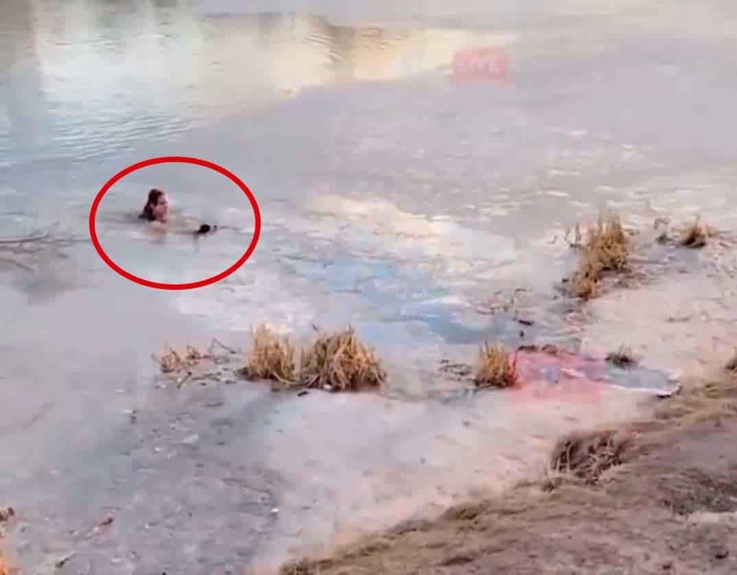 Mujer arriesga su vida para rescatar a su perro que saltó a un lago congelado